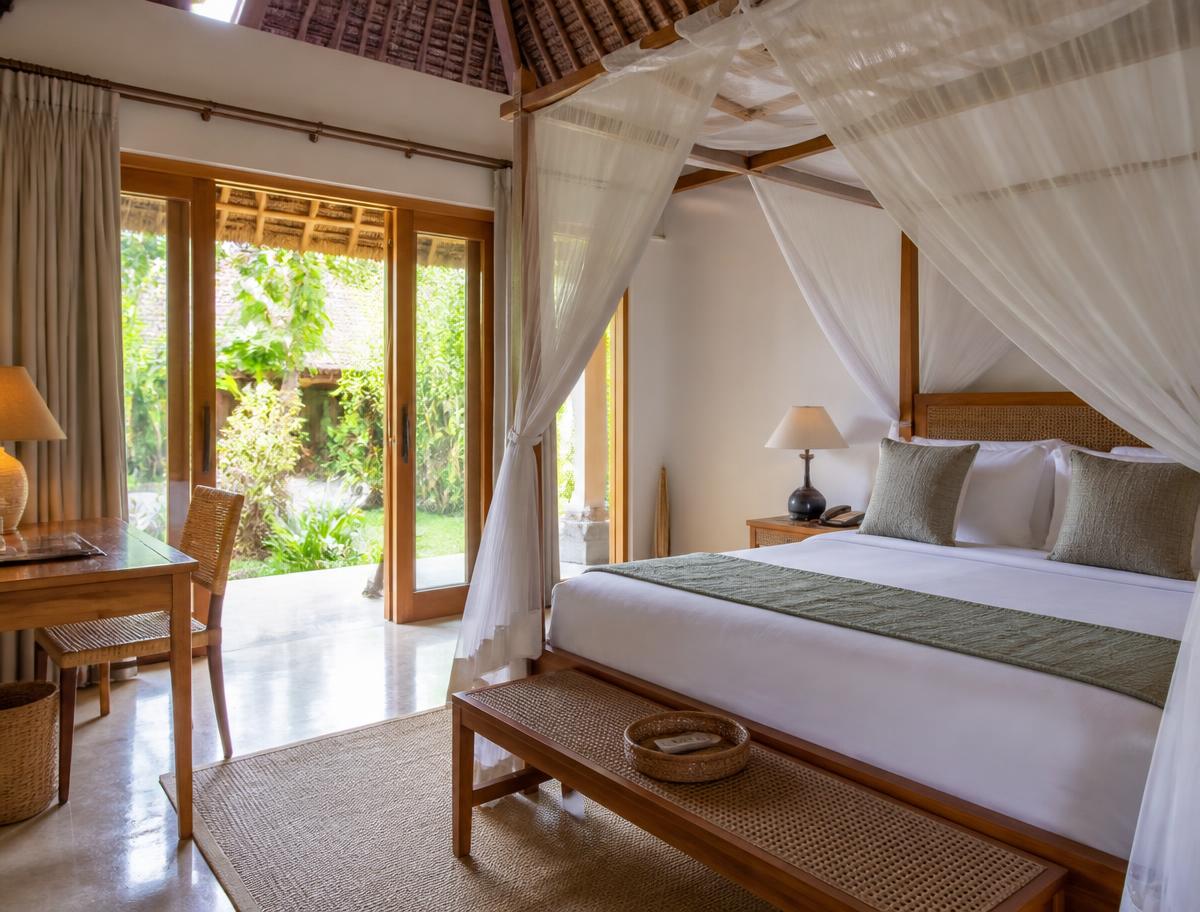 Kamar tidur utama dengan tempat tidur berkelambu