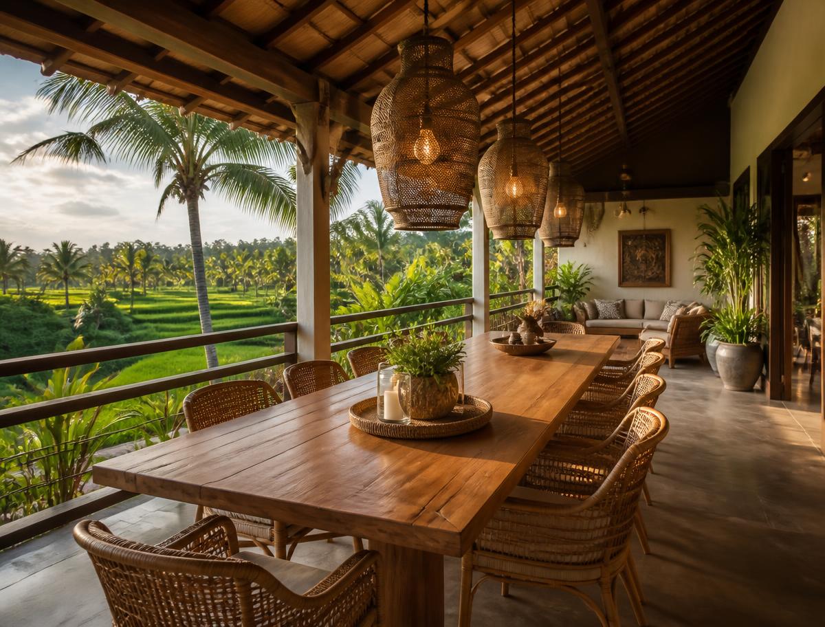 Teras makan dengan pemandangan sawah
